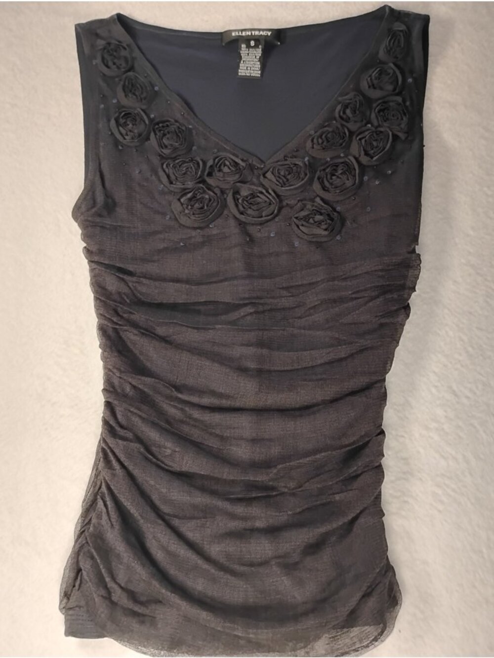 Ellen Tracy Silk Sequined Blouse Ruched Rosette Elegant Event Night Out Size S
